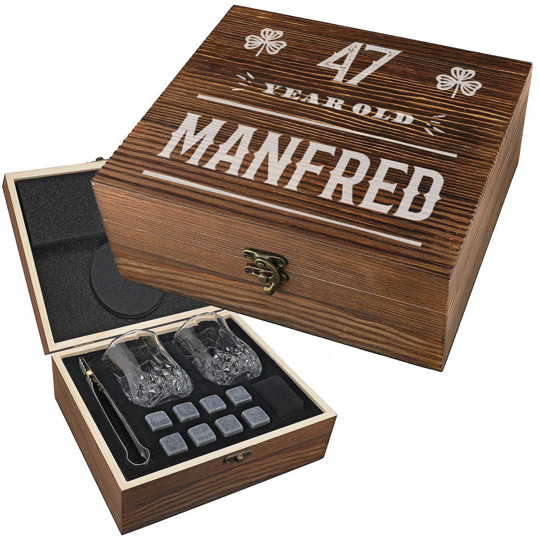 Whisky-Set Kühlsteine, Gläser und Untersetzer in Holzkiste mit Gravur - Jubiläumsgeschenk