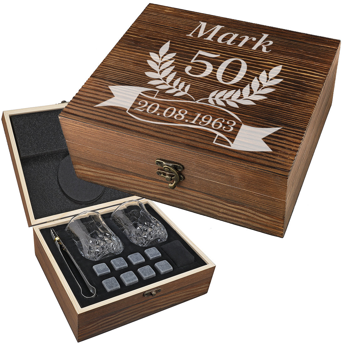 Whisky Geschenkset mit Kühlsteinen, 2 Whiskygläser und gravierter Kiste - Motiv Jubiläum