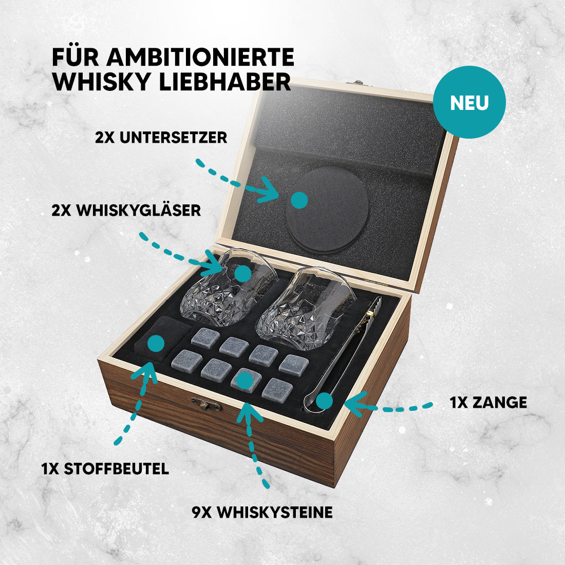 Whisky-Set mehrteilig mit Kühlsteine, Gläser, Untersetzer und gravierter Holzkiste - Motiv Kompass