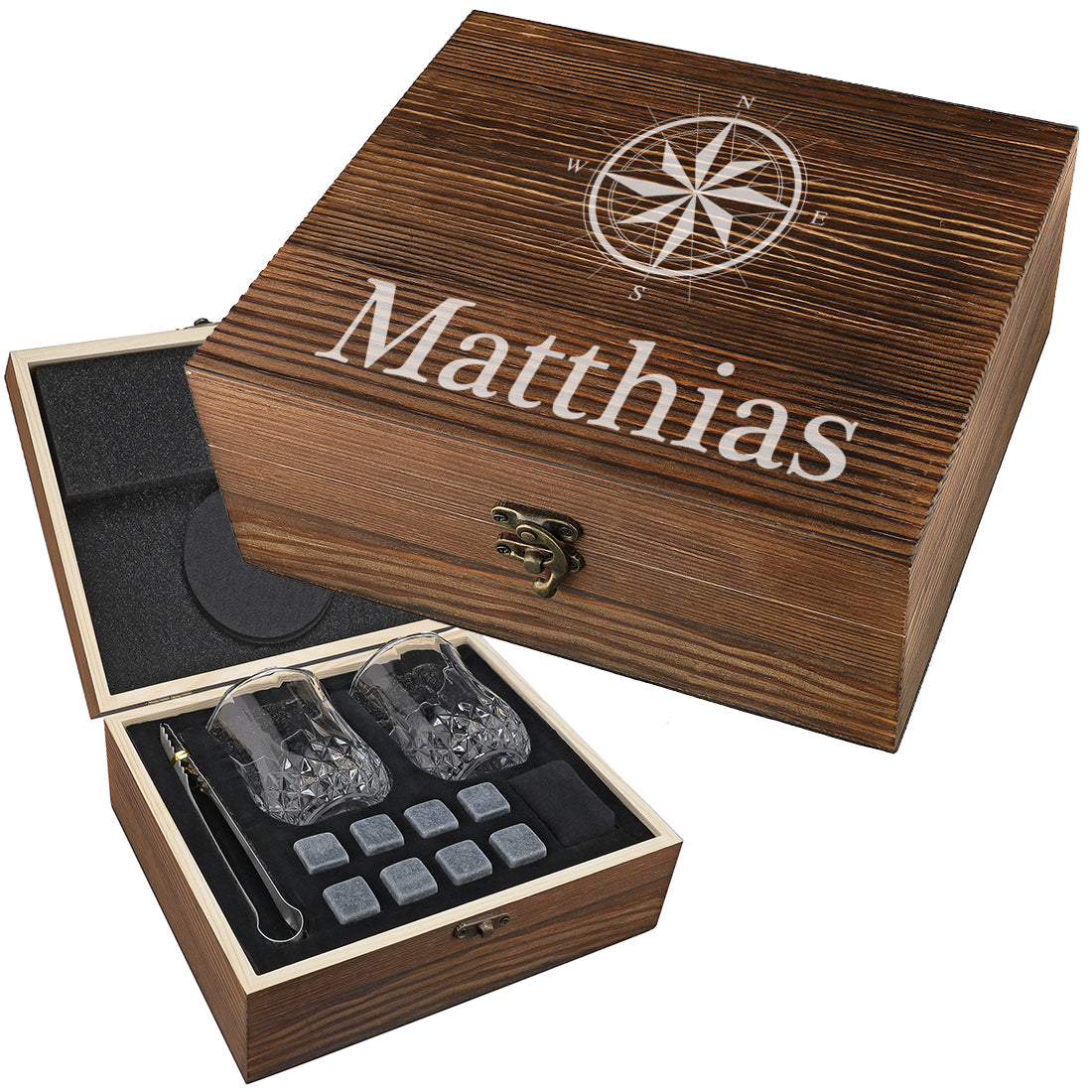 Whisky-Set mehrteilig mit Kühlsteine, Gläser, Untersetzer und gravierter Holzkiste - Motiv Kompass