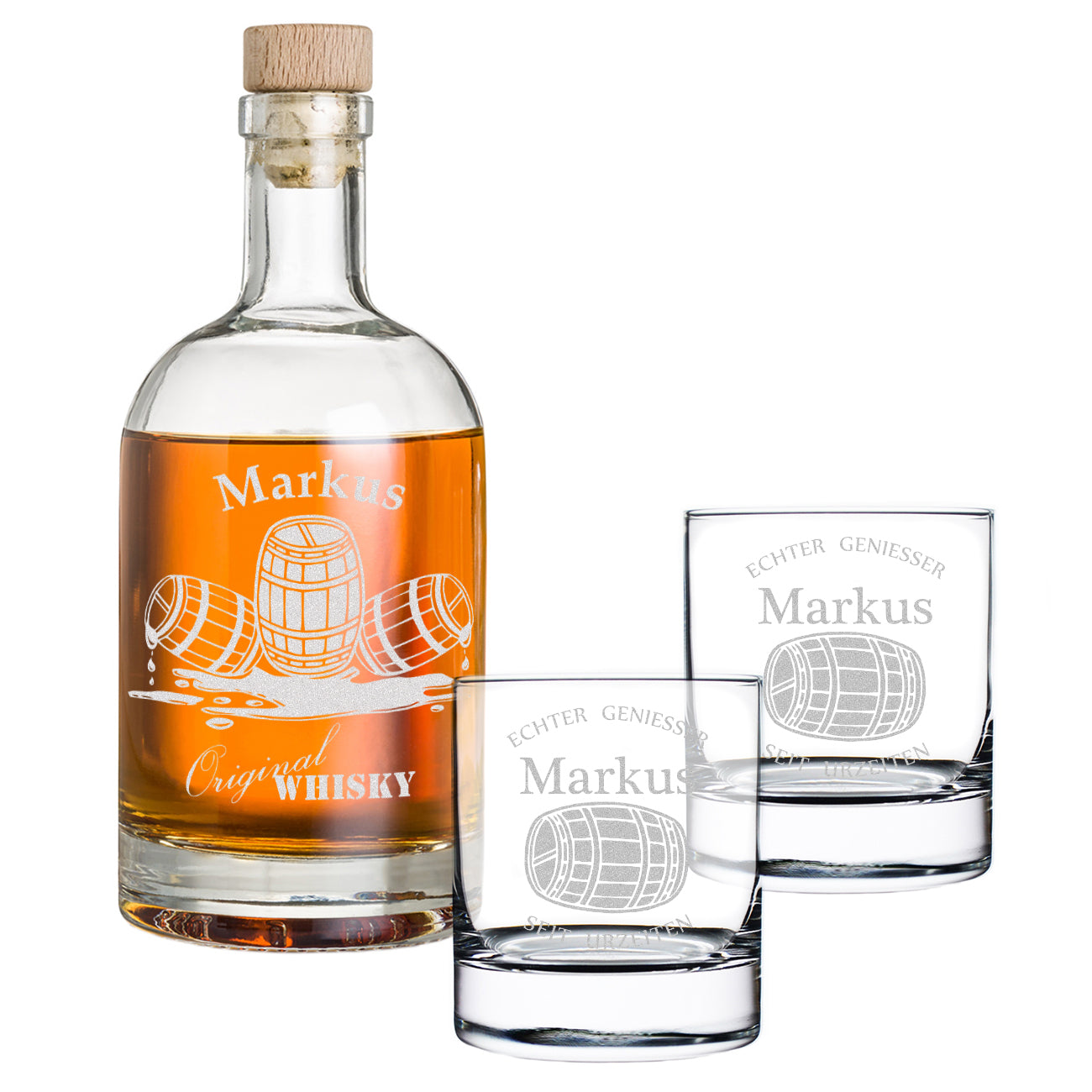 Whisky-Set Flasche 700 ml + 2 Whiskygläser 320 ml mit Gravur - Motiv Whiskyfass
