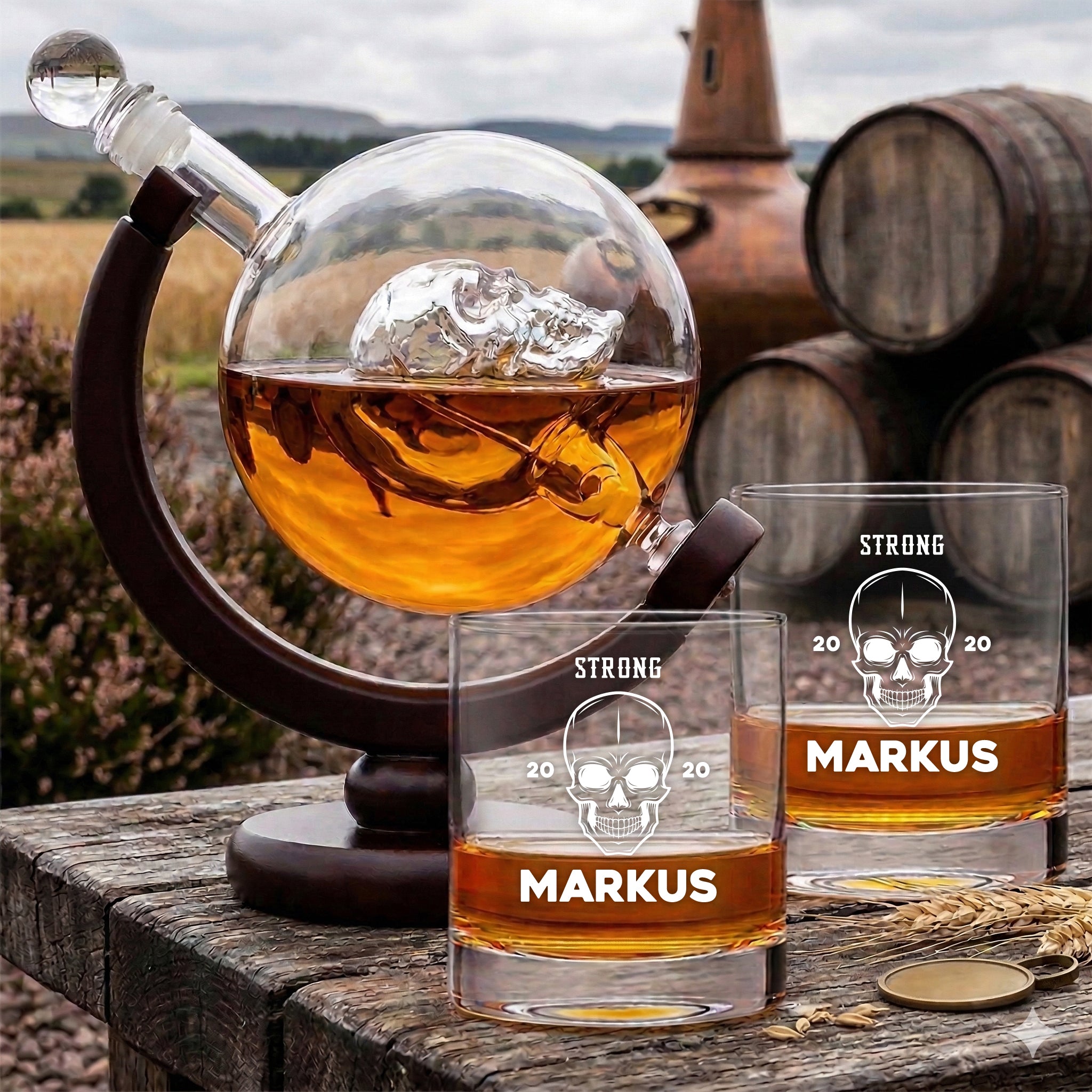 Skull-Dekanter 850 ml und 2 Whiskygläser 320 ml mit Gravur - Motiv "Totenkopf"