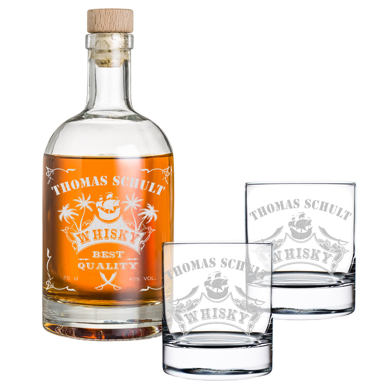 Whiskyflasche 700 ml & 2 Tumbler 320 ml mit personalisierter Gravur - Motiv Piratenschiff