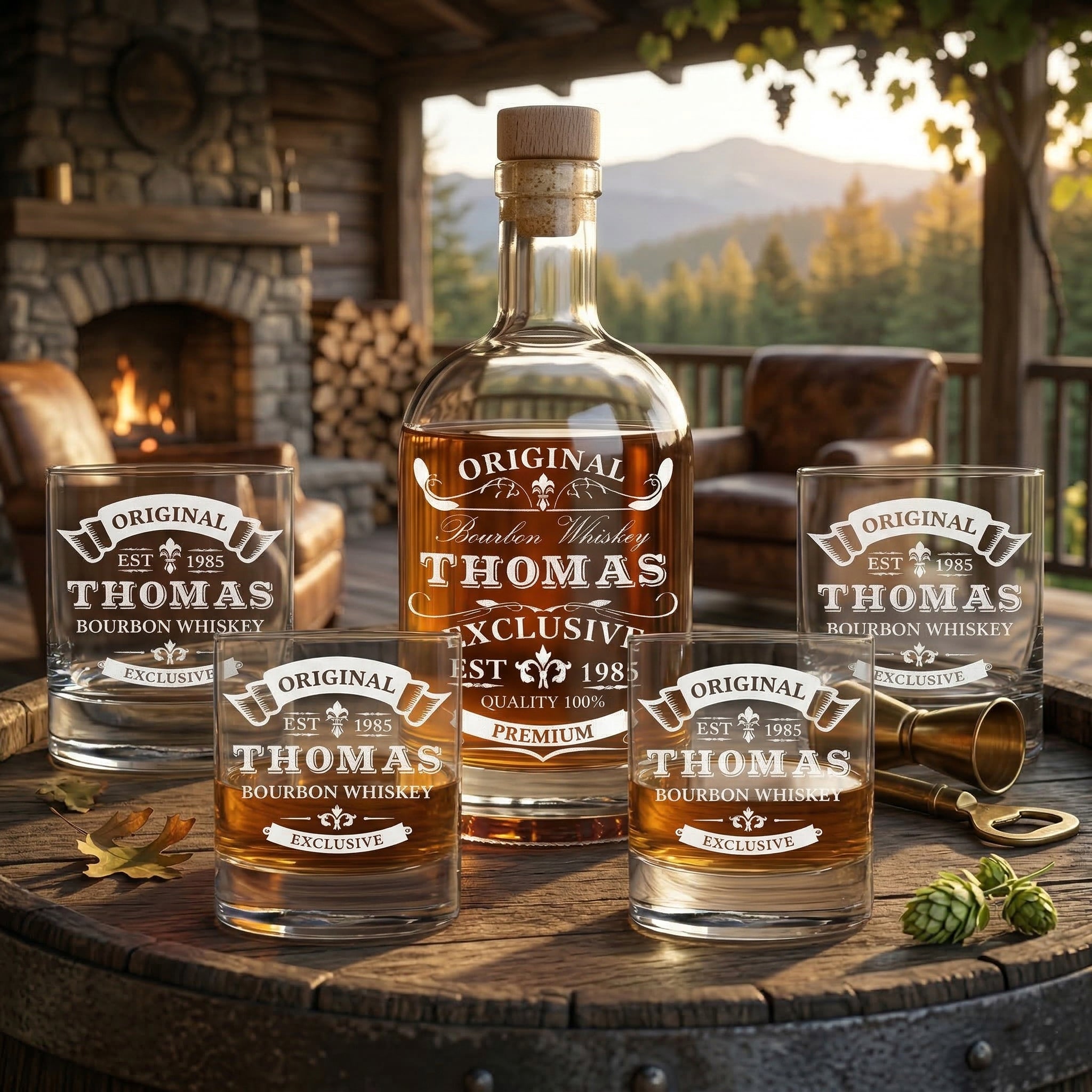 Whiskyflasche 700 ml & 4 Whiskygläser 320 ml mit Wunschgravur - Motiv Original Exclusive