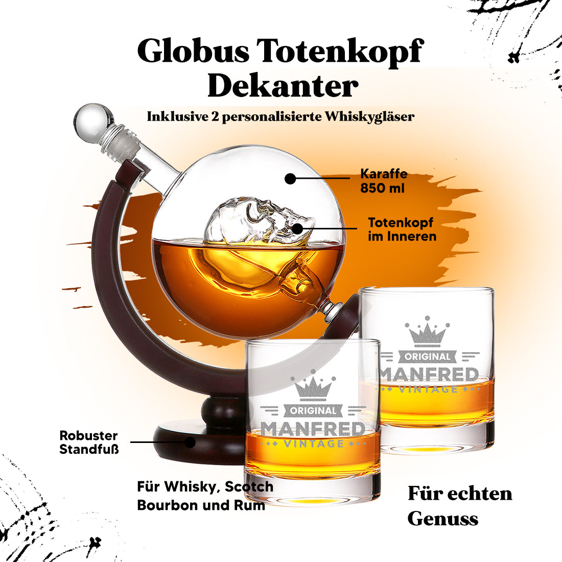 Whisky Skull Dekanter 850 ml und 2 Whiskygläser 320 ml mit Gravur - Motiv Krone