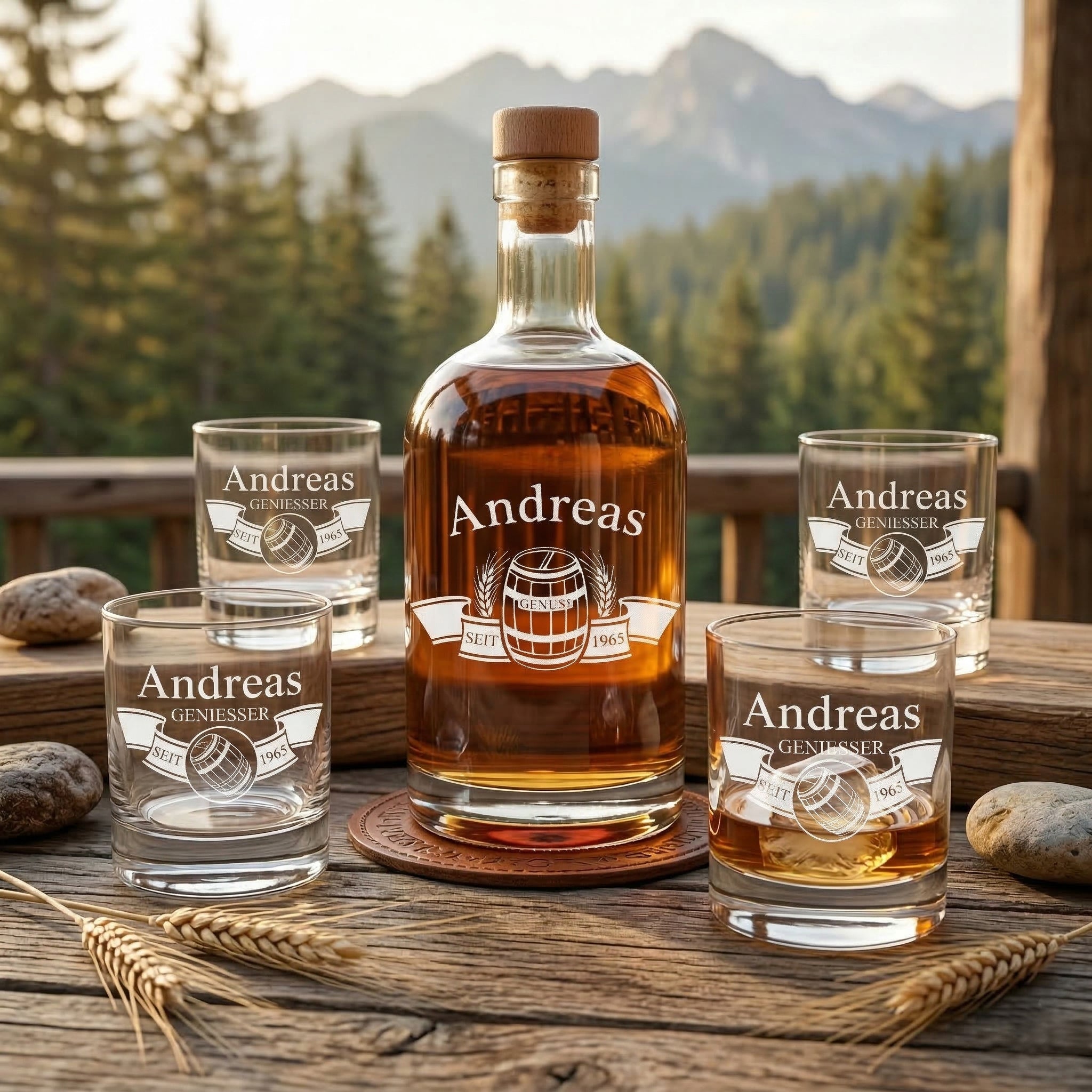 5-teiliges Whisky-Set mit Flasche 700 ml & 4 Whiskygläser - Mit Wunschgravur