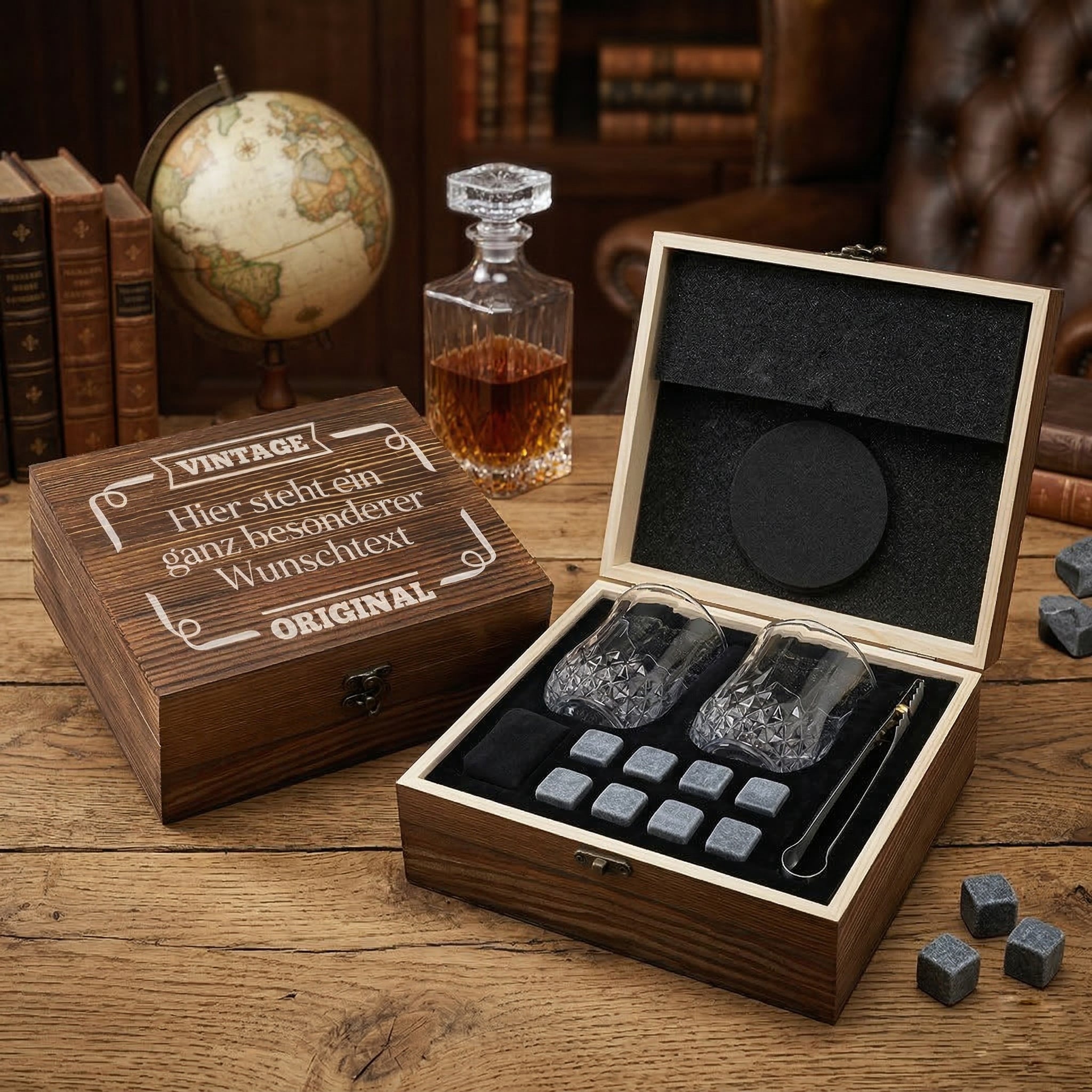 Whisky-Set mit Kühlsteine, Tumbler, Untersetzer und Holzkiste - Mit Wunschtext graviert