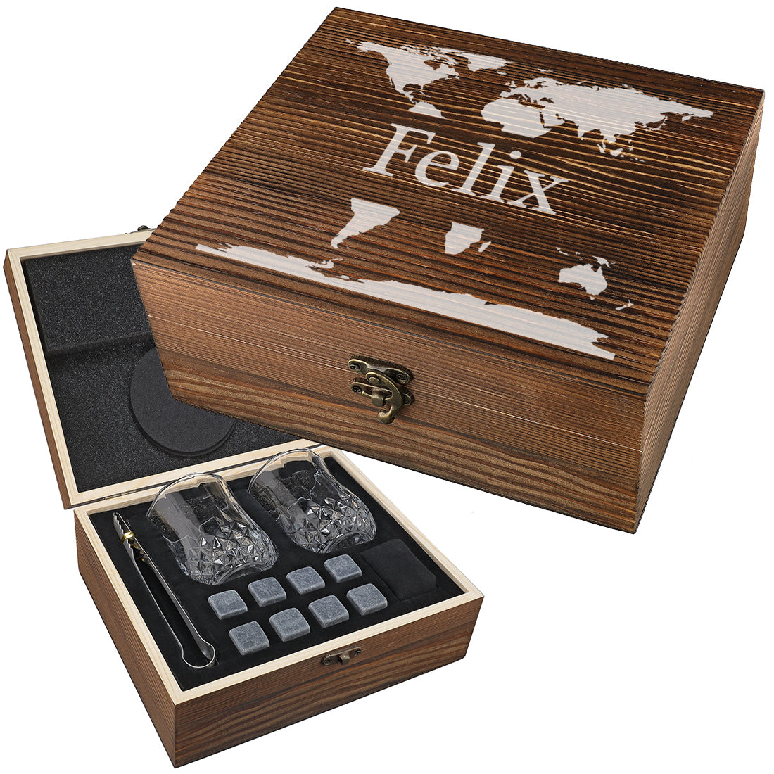 Whisky Geschenkset mit Gläser, Kühlsteine und personalisierte Holzkiste - Motiv Weltkarte