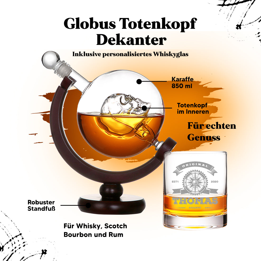 Whisky Totenkopf Dekanter 850 ml & Whiskyglas 320 ml mit Gravur - Original Exklusive