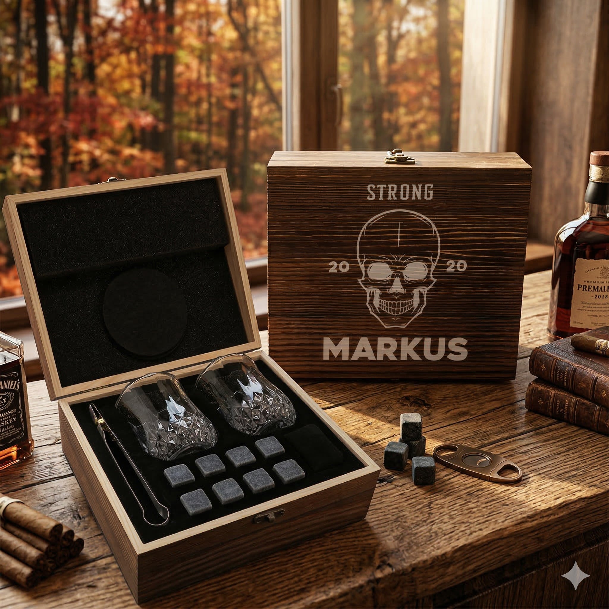 Whisky-Set mit Kühlsteine, Whiskygläser, Untersetzer und Holzkiste mit Gravur - Motiv Totenkopf