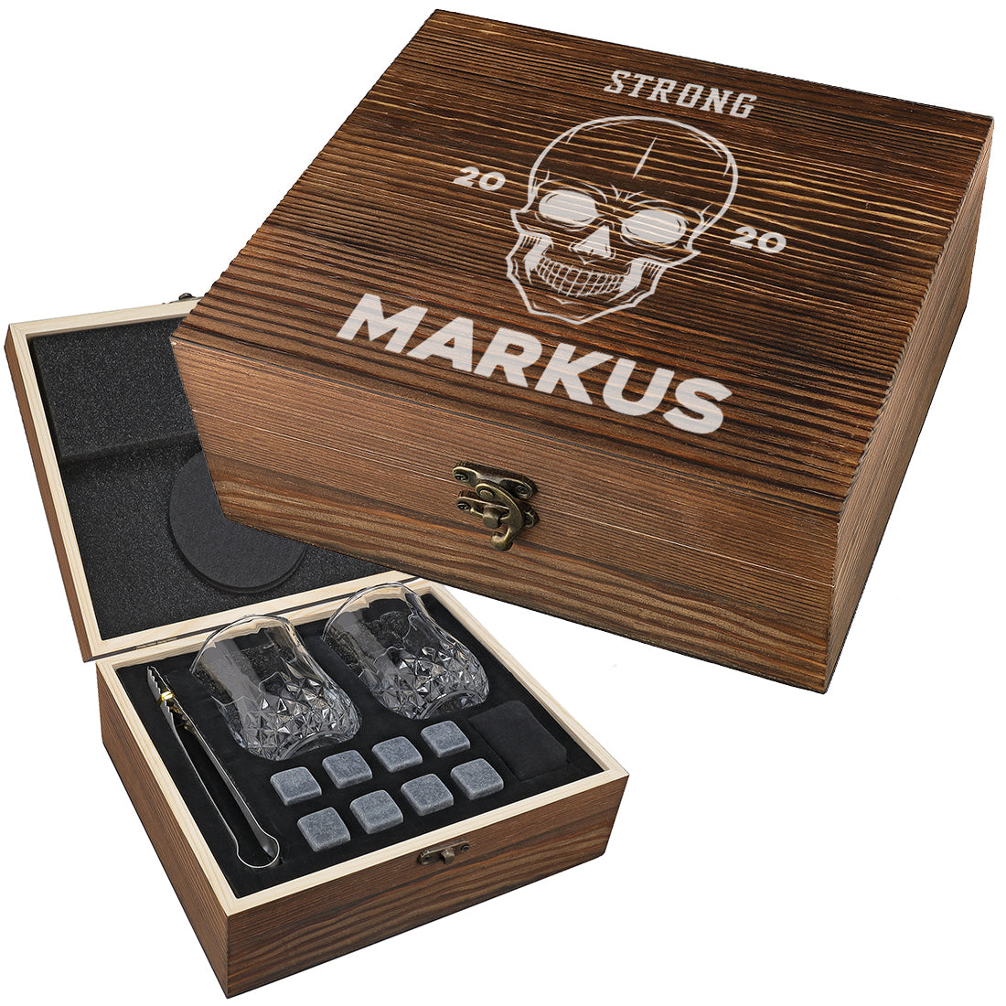 Whisky-Set mit Kühlsteine, Whiskygläser, Untersetzer und Holzkiste mit Gravur - Motiv Totenkopf