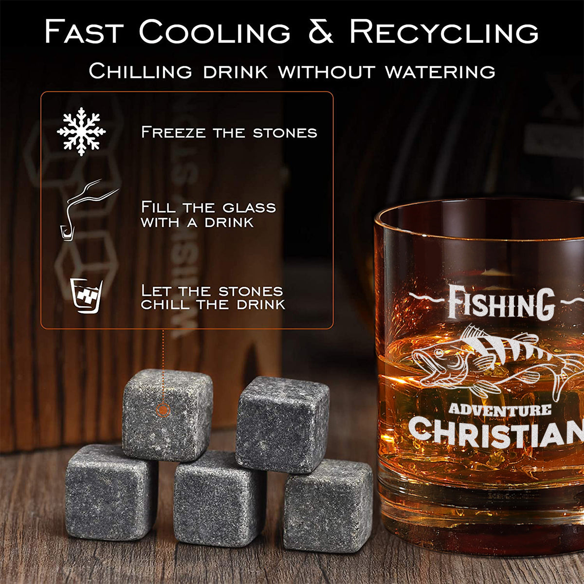 Whisky-Set 5-teilig Holzkiste, Whiskyglas und Kühlsteine - Motiv "Fisch"