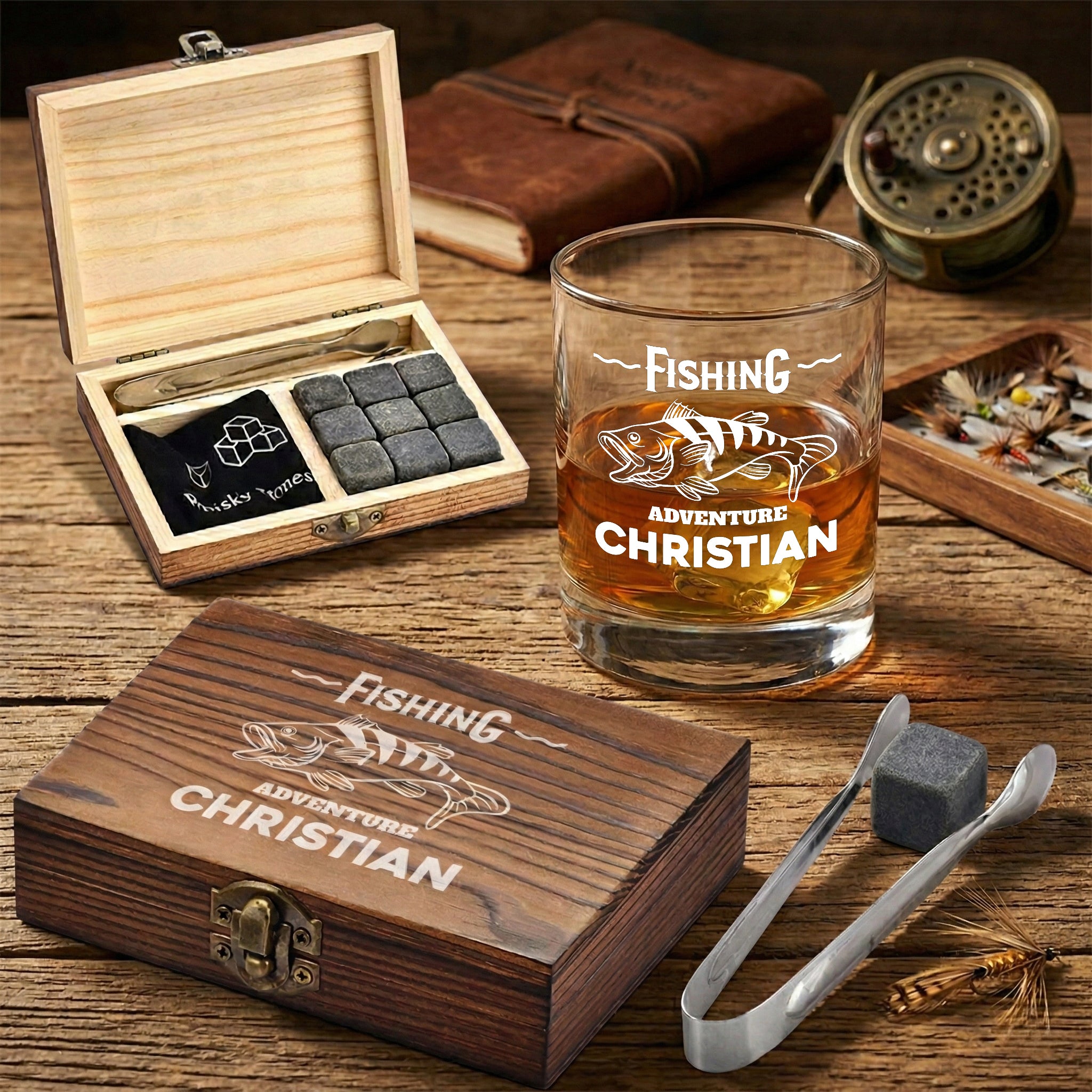Whisky-Set 5-teilig Holzkiste, Whiskyglas und Kühlsteine - Motiv "Fisch"