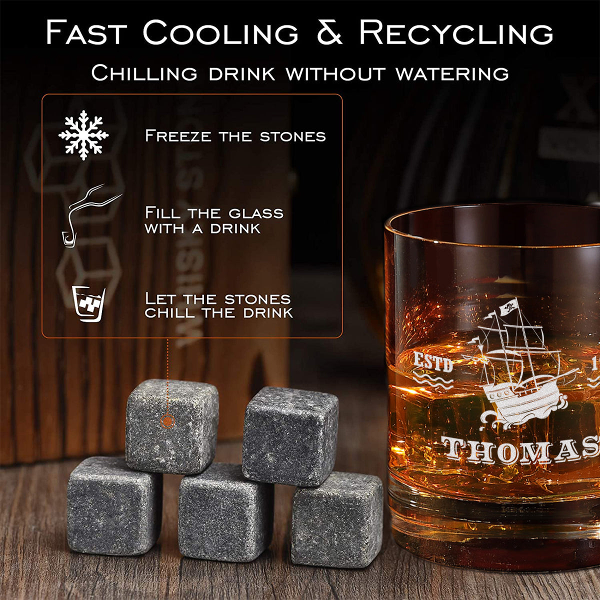 Whisky Kühlsteine Set 5-teilig mit Holzkiste und Whiskyglas graviert - ideal als Geschenk