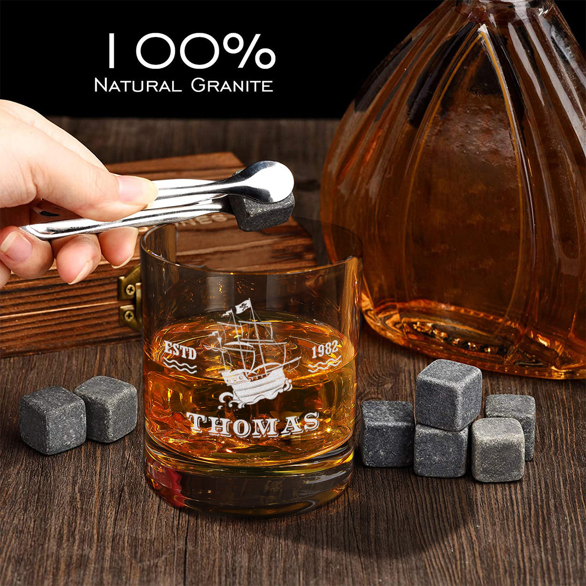 Whisky Kühlsteine Set 5-teilig mit Holzkiste und Whiskyglas graviert - ideal als Geschenk