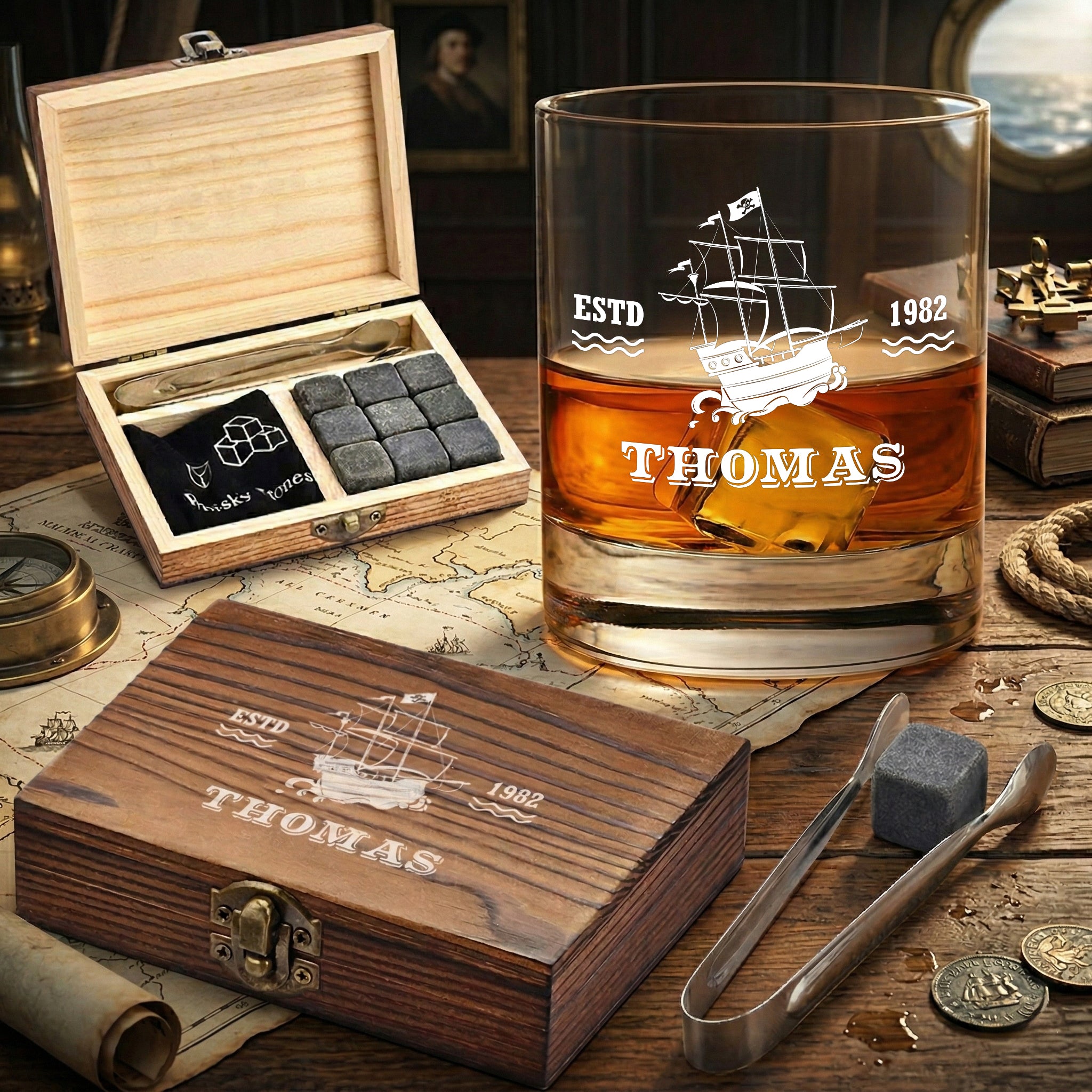 Whisky Kühlsteine Set 5-teilig mit Holzkiste und Whiskyglas graviert - ideal als Geschenk