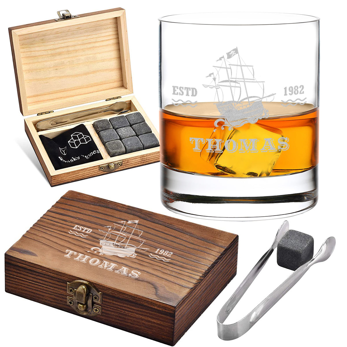 Whisky Kühlsteine Set 5-teilig mit Holzkiste und Whiskyglas graviert - ideal als Geschenk