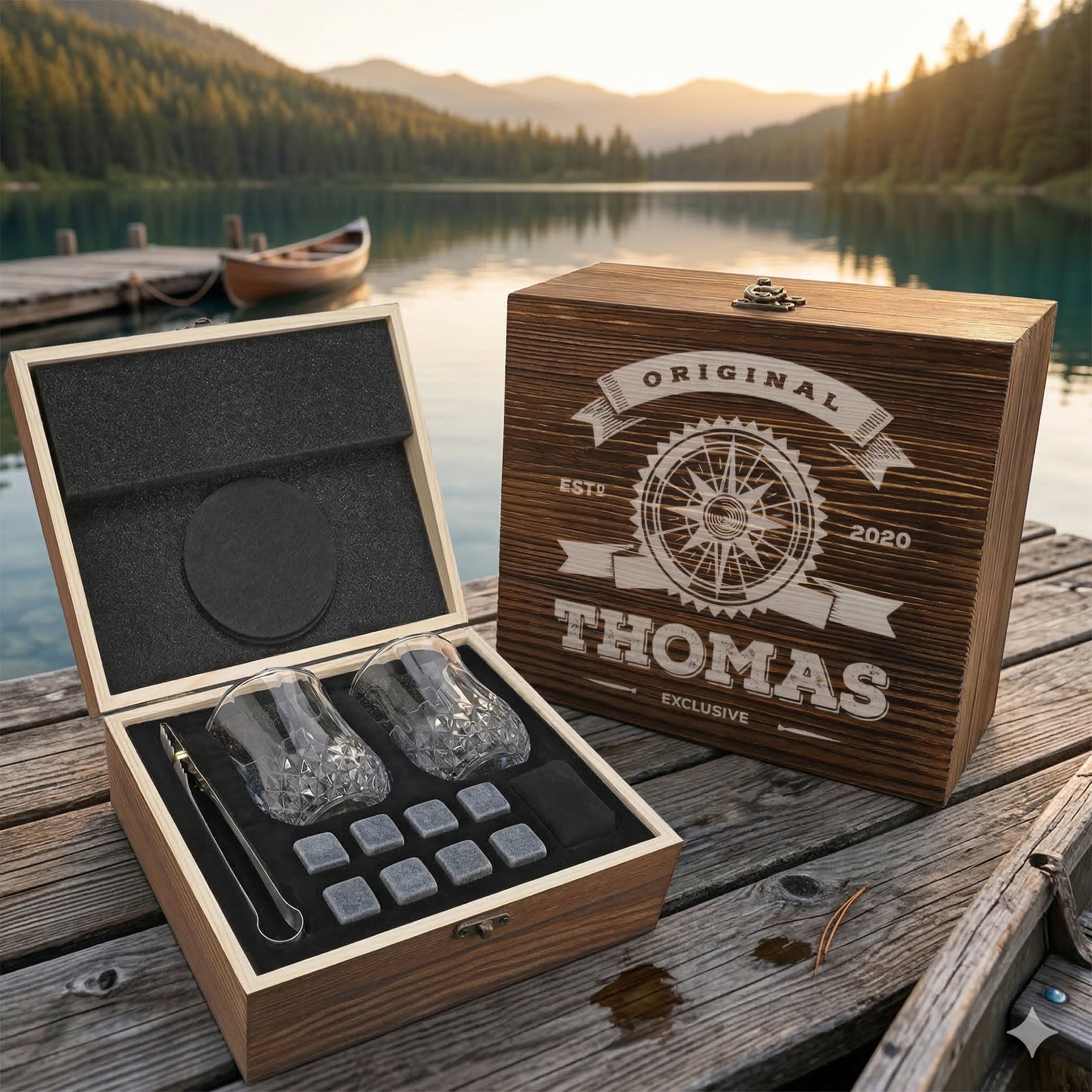 Whisky Kühlsteine Geschenkset mit gravierter Holzkiste - Motiv Kompass