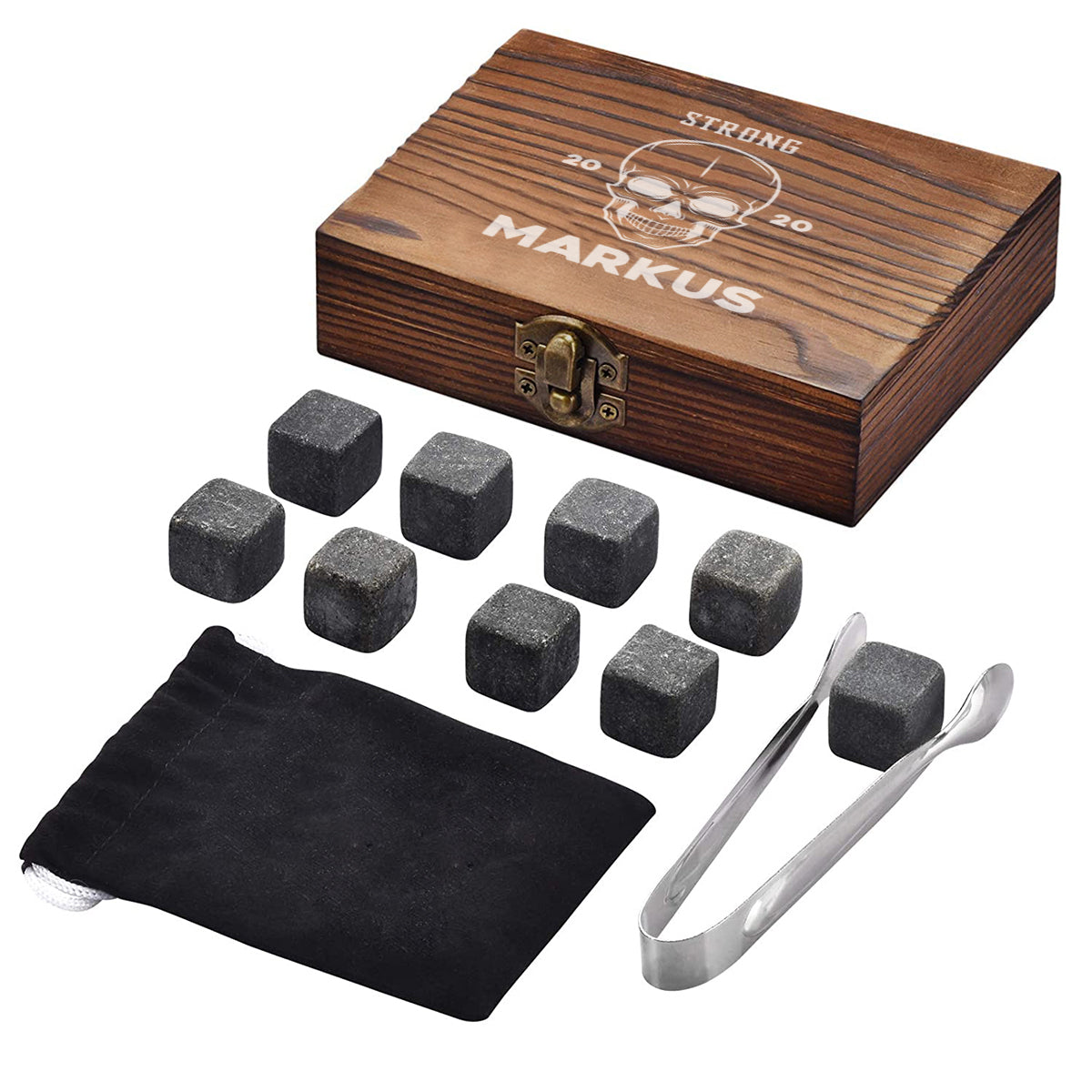 Whisky Steine Set 5-TLG mit personalisiertes Whiskyglas und Holzbox - Motiv Totenkopf