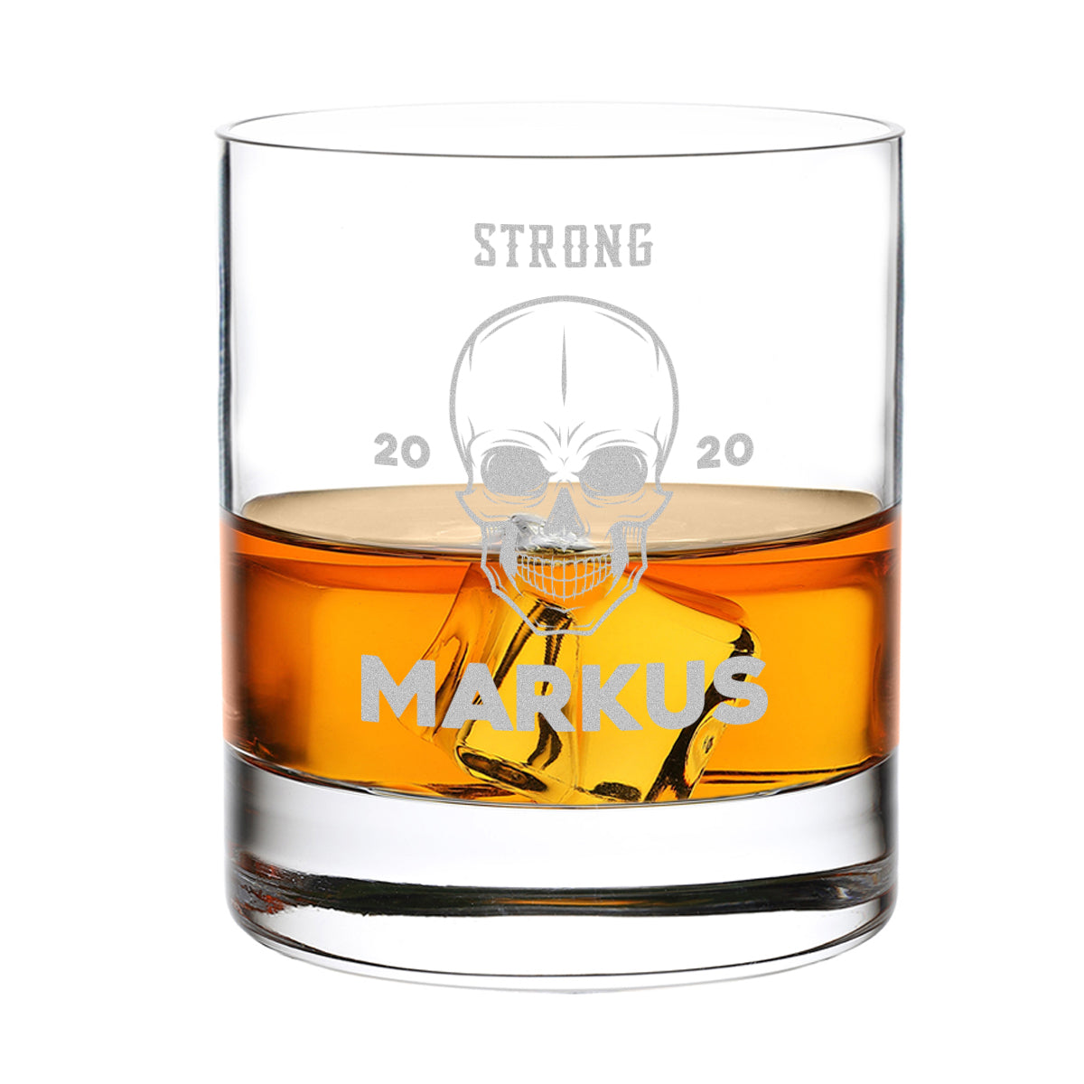 Whisky Steine Set 5-TLG mit personalisiertes Whiskyglas und Holzbox - Motiv Totenkopf