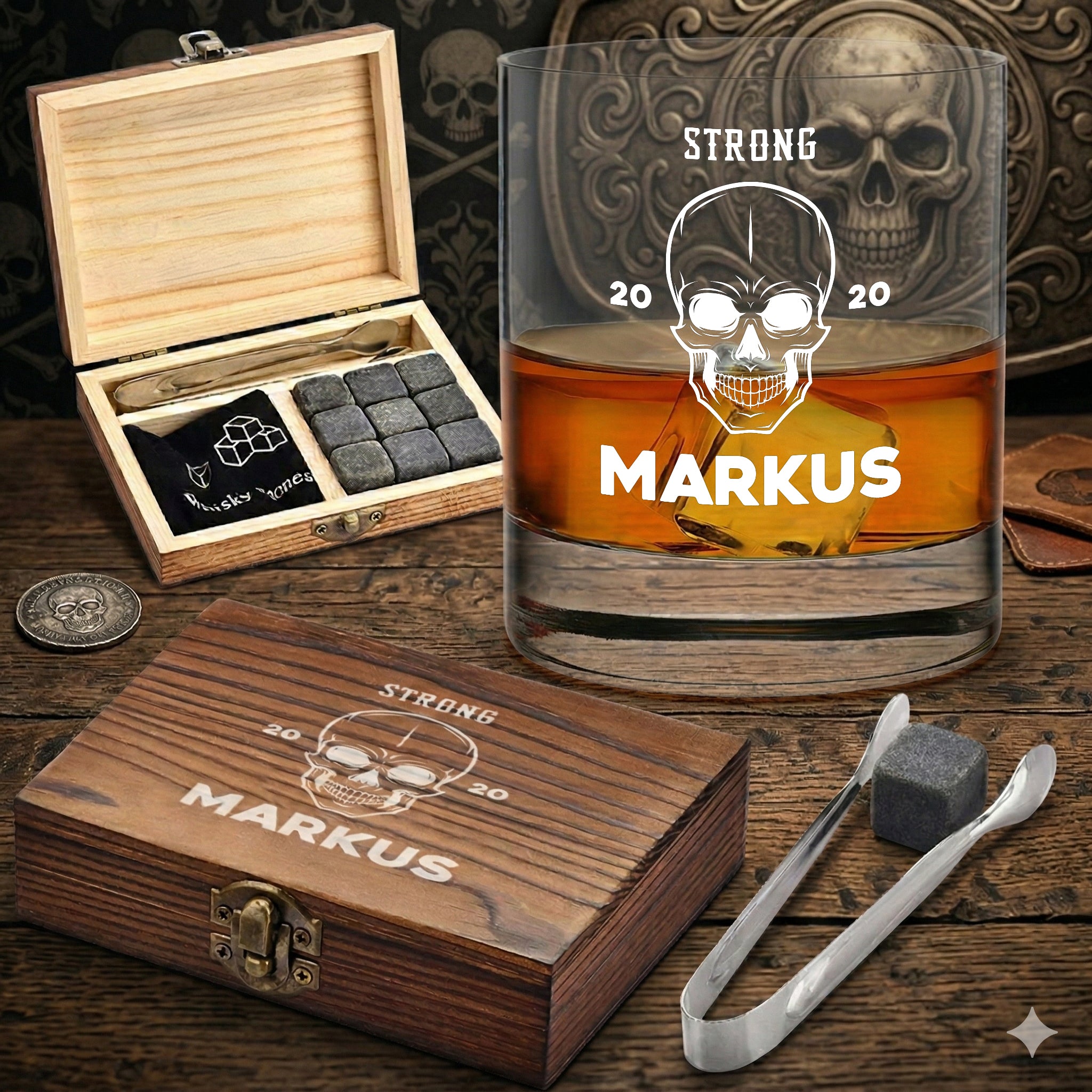 Whisky Steine Set 5-TLG mit personalisiertes Whiskyglas und Holzbox - Motiv Totenkopf
