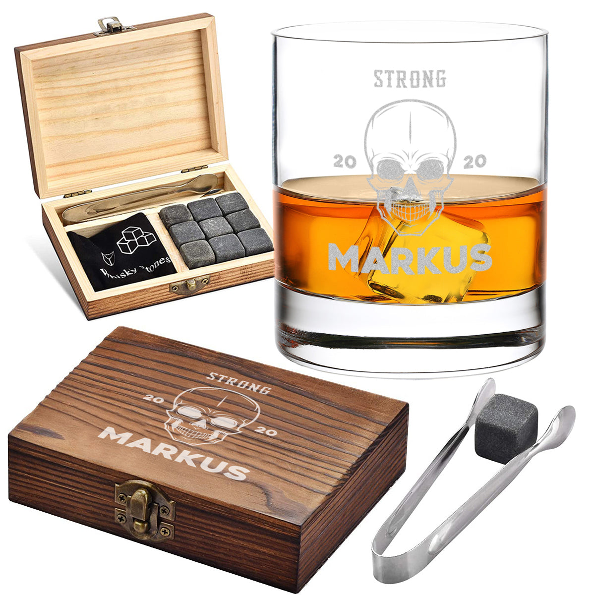 Whisky Steine Set 5-TLG mit personalisiertes Whiskyglas und Holzbox - Motiv Totenkopf