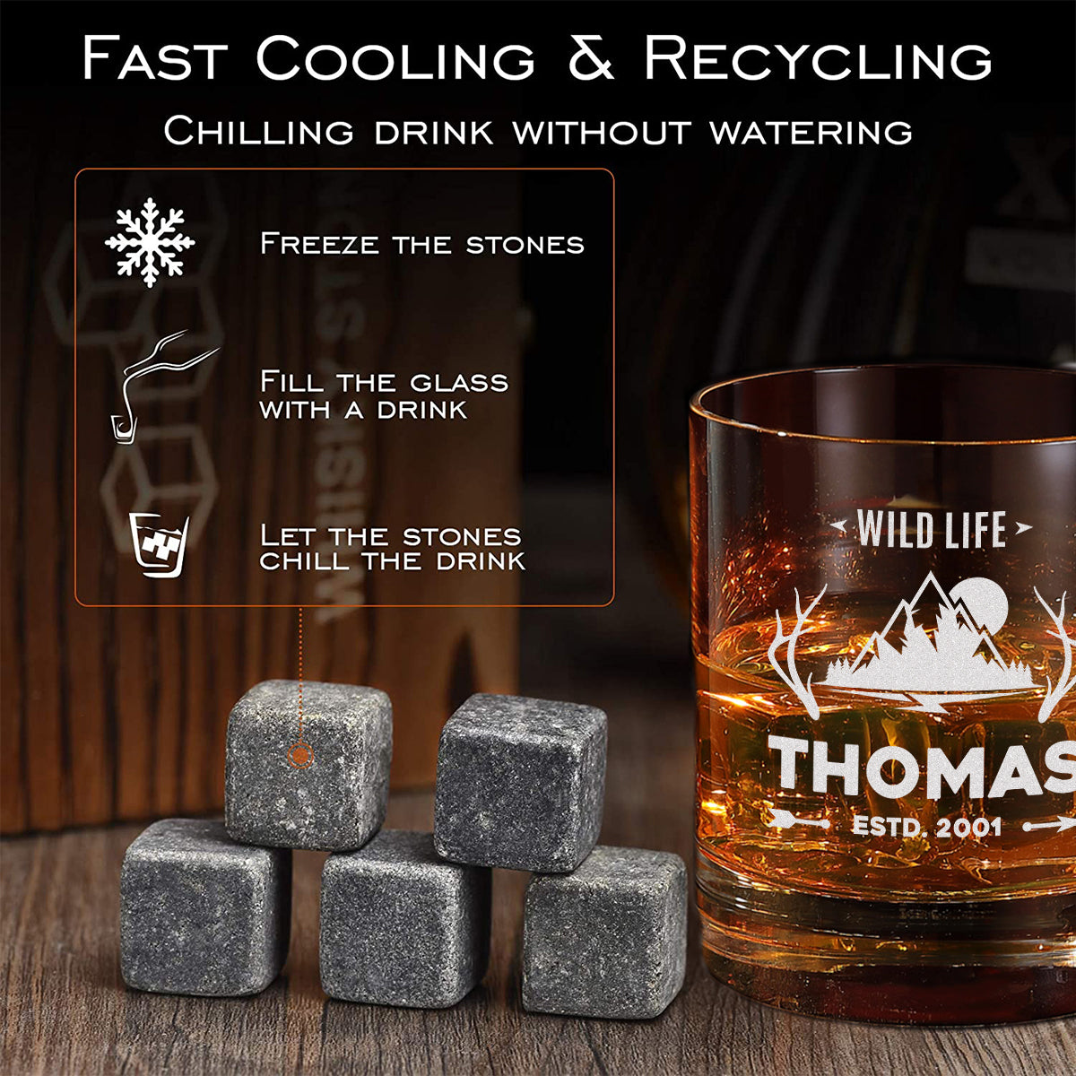 Personalisiertes Whisky-Set 5-tlg mit gravierter Holzkiste - Motiv Wildlife