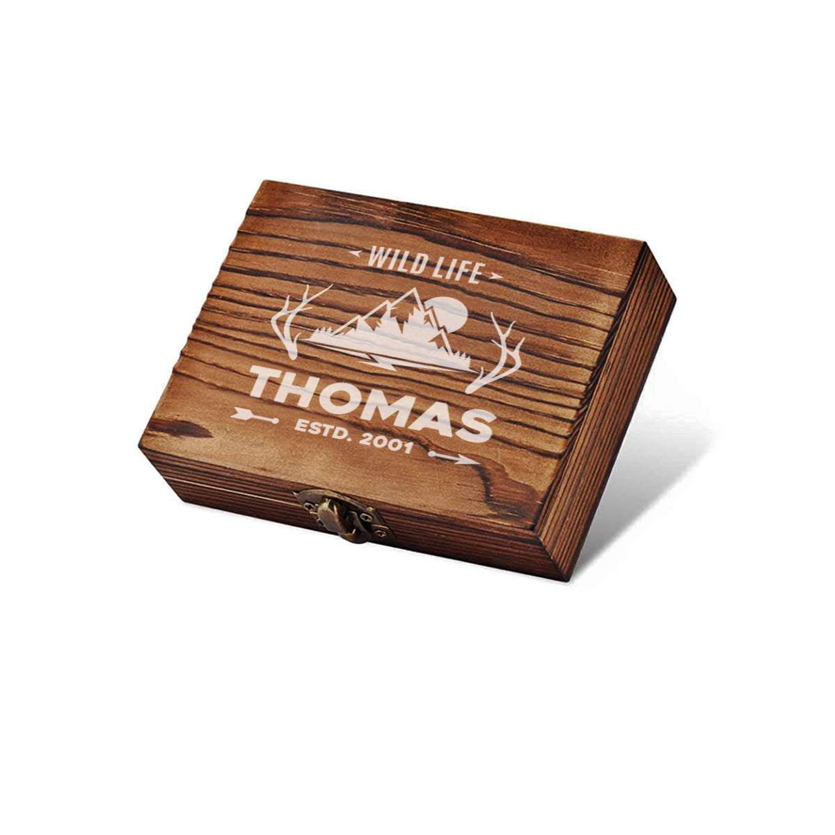 Personalisiertes Whisky-Set 5-tlg mit gravierter Holzkiste - Motiv Wildlife