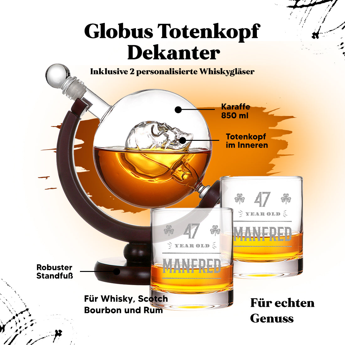 2-tlg Set Totenkopf Dekanter 850 ml & Whiskygläser 320 ml mit Gravur - Jubiläumsgeschenk