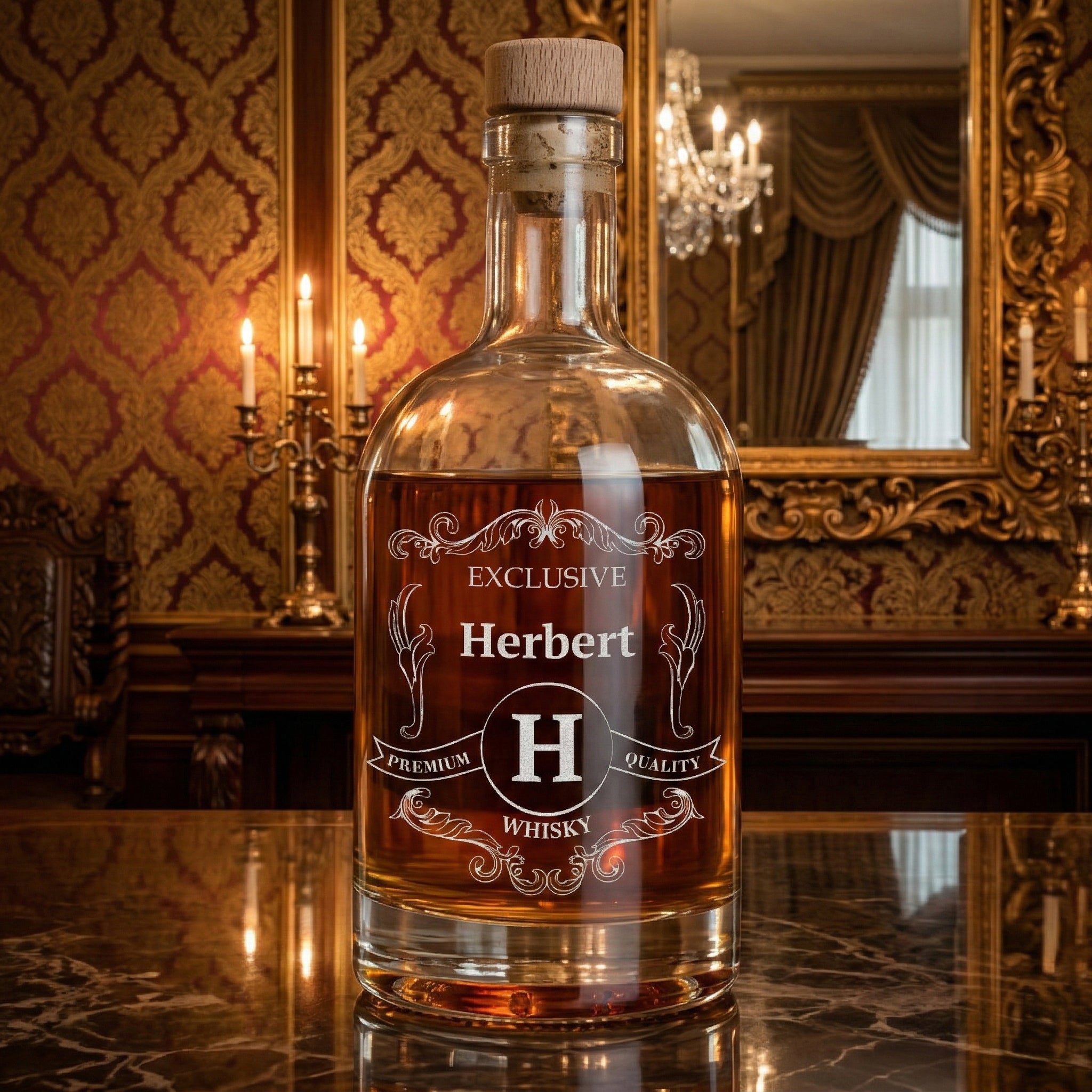 Flasche aus Glas 700 ml für Whisky mit personalisierter Gravur - Motiv Barock Rustikal