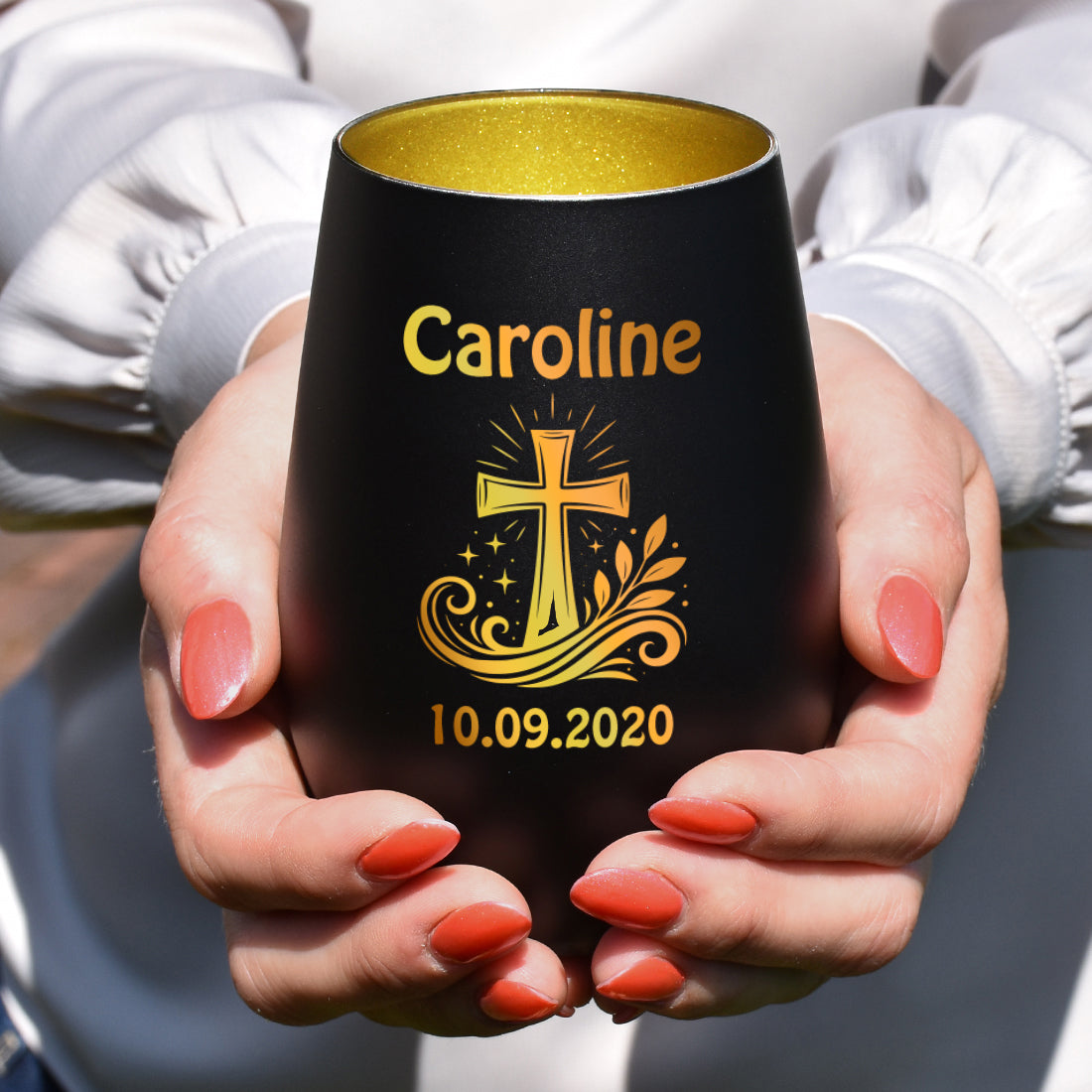 Teelicht personalisiert Glas schwarz gold mit Motiv und Gravur für Mädchen Jungen