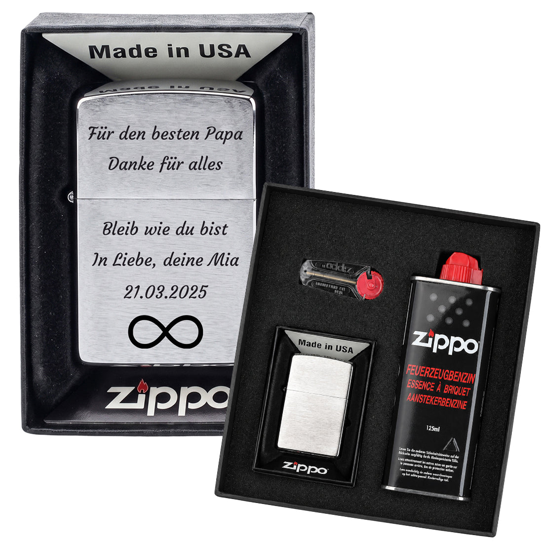 Personalisiertes Zippo Feuerzeug im Geschenkset mit Unendlichkeitszeichen