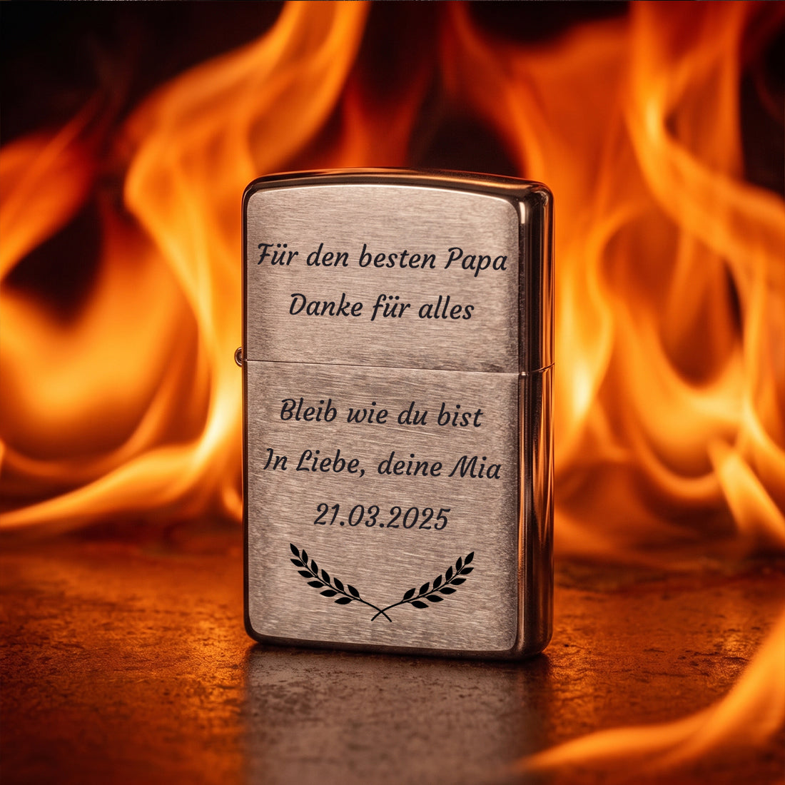 Zippo Feuerzeug mit Gravur Danke für alles Papa und Lorbeerkranz vor Flammen