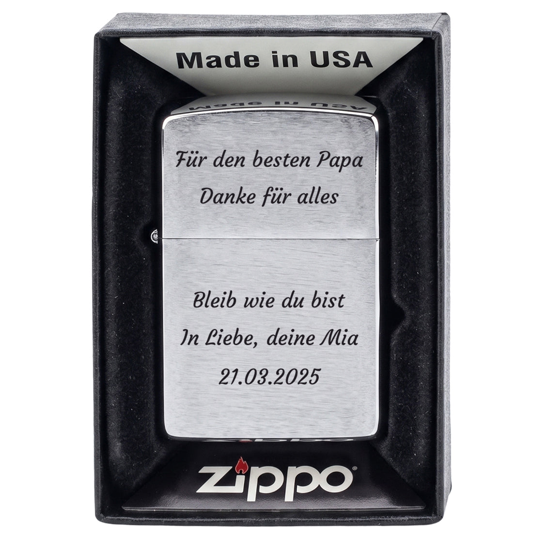 Personalisiertes Zippo Feuerzeug mit Text und Lorbeerkranz-Gravur