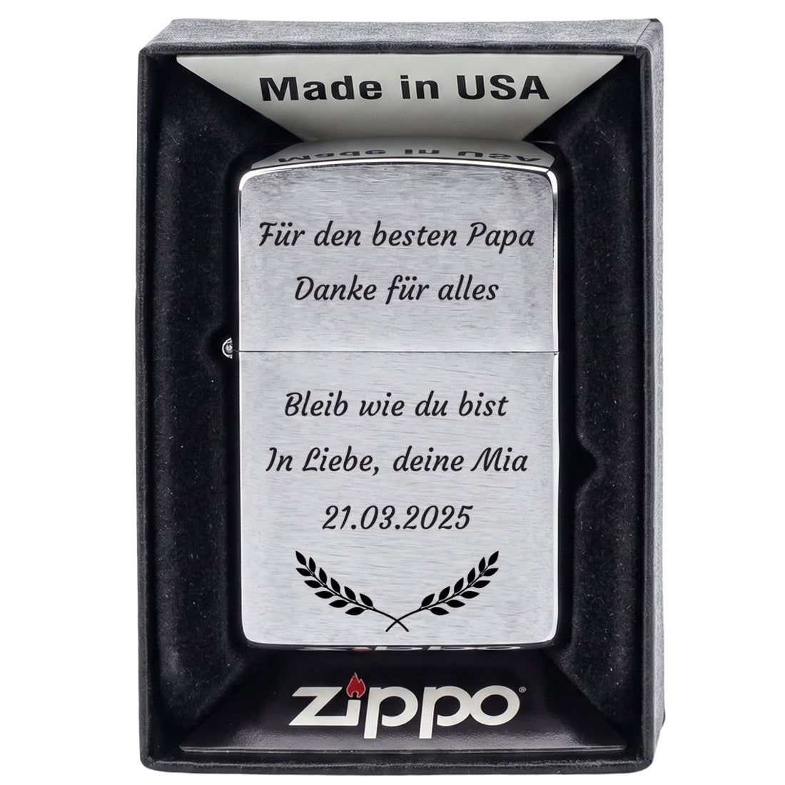 Original Zippo Sturmfeuerzeug mit Gravur in der schwarzen Made in USA Schachtel