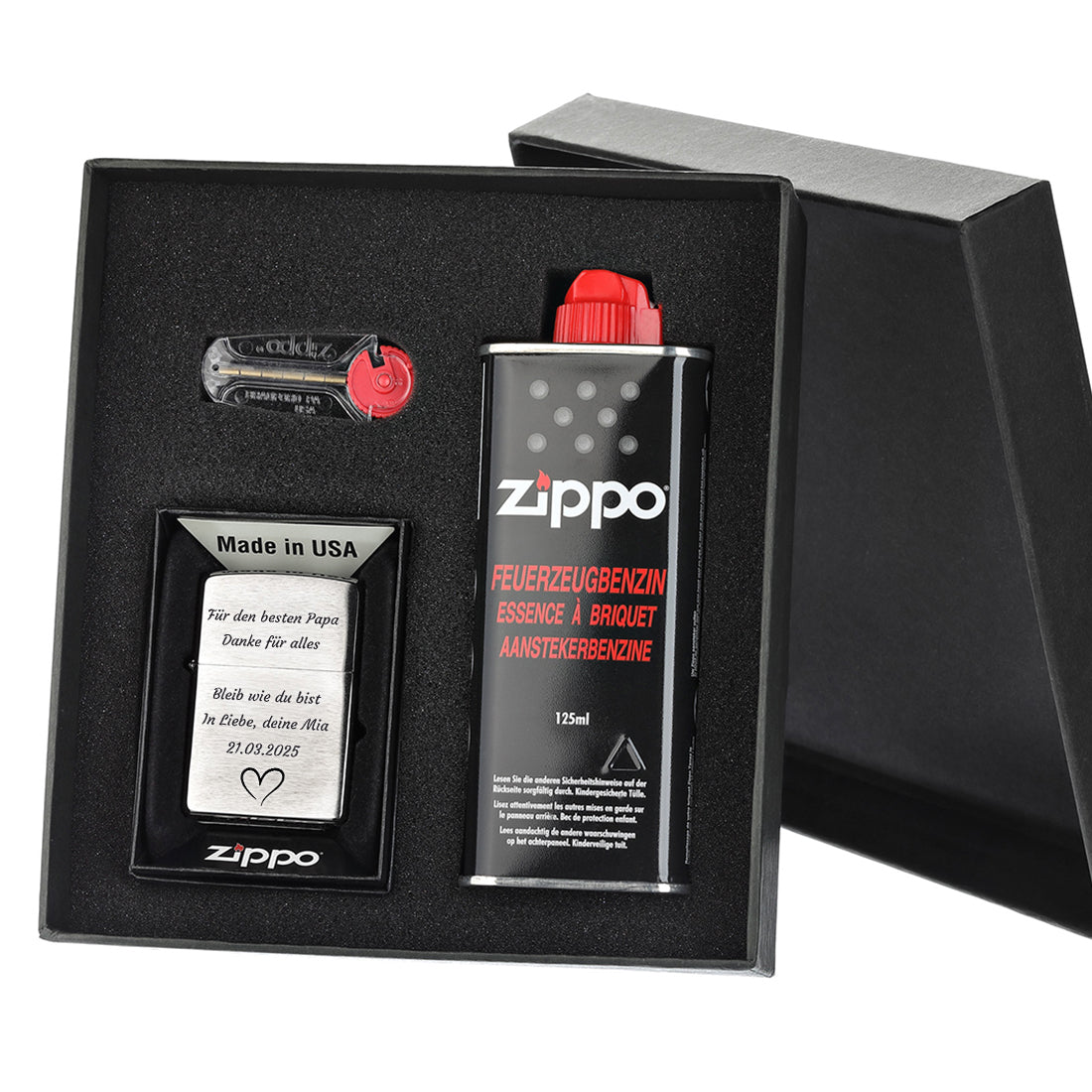 Personalisiertes Zippo Feuerzeug im Geschenkset mit Feuerzeugbenzin und Feuersteinen