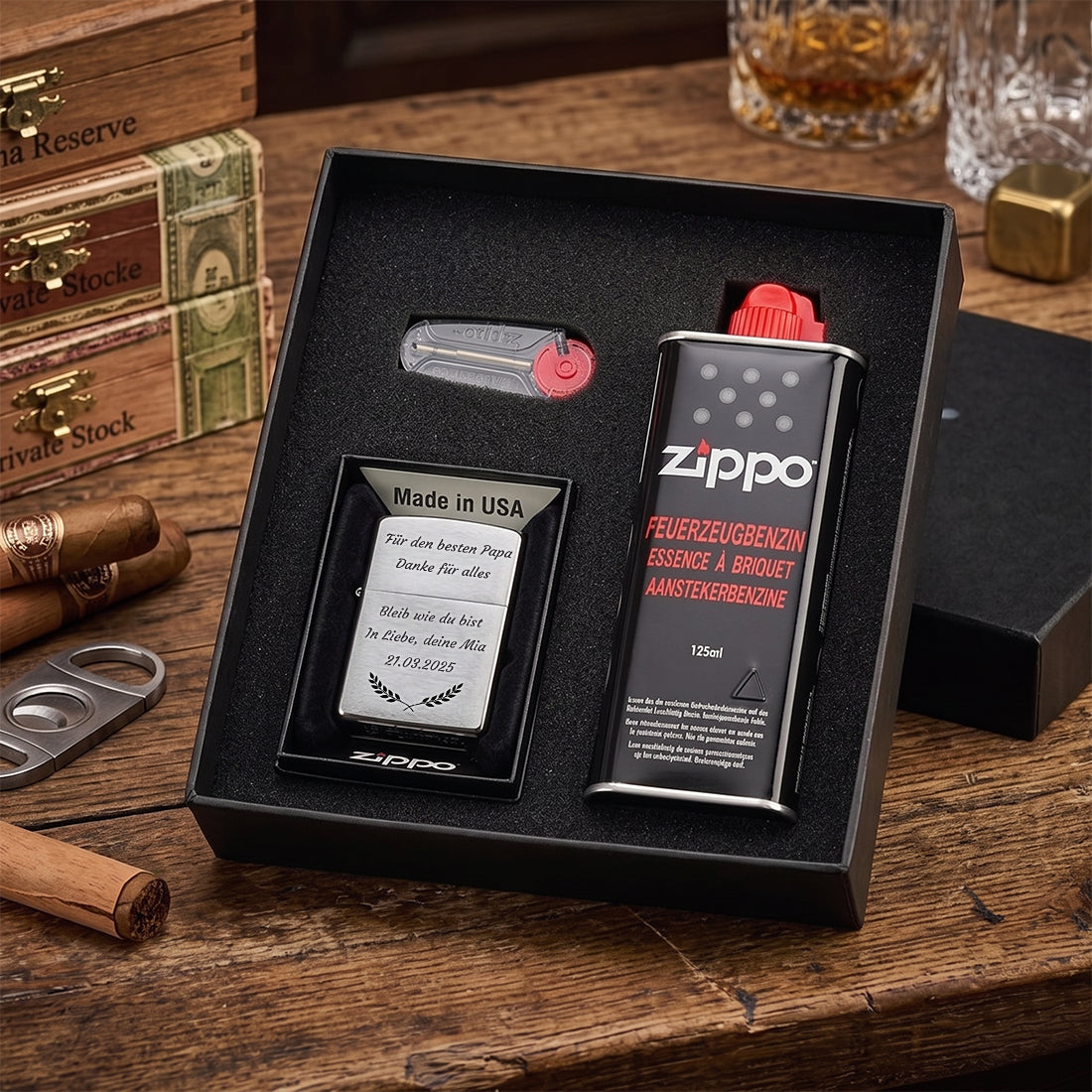 Personalisiertes Zippo Geschenkset für Männer mit Benzin und Feuersteinen