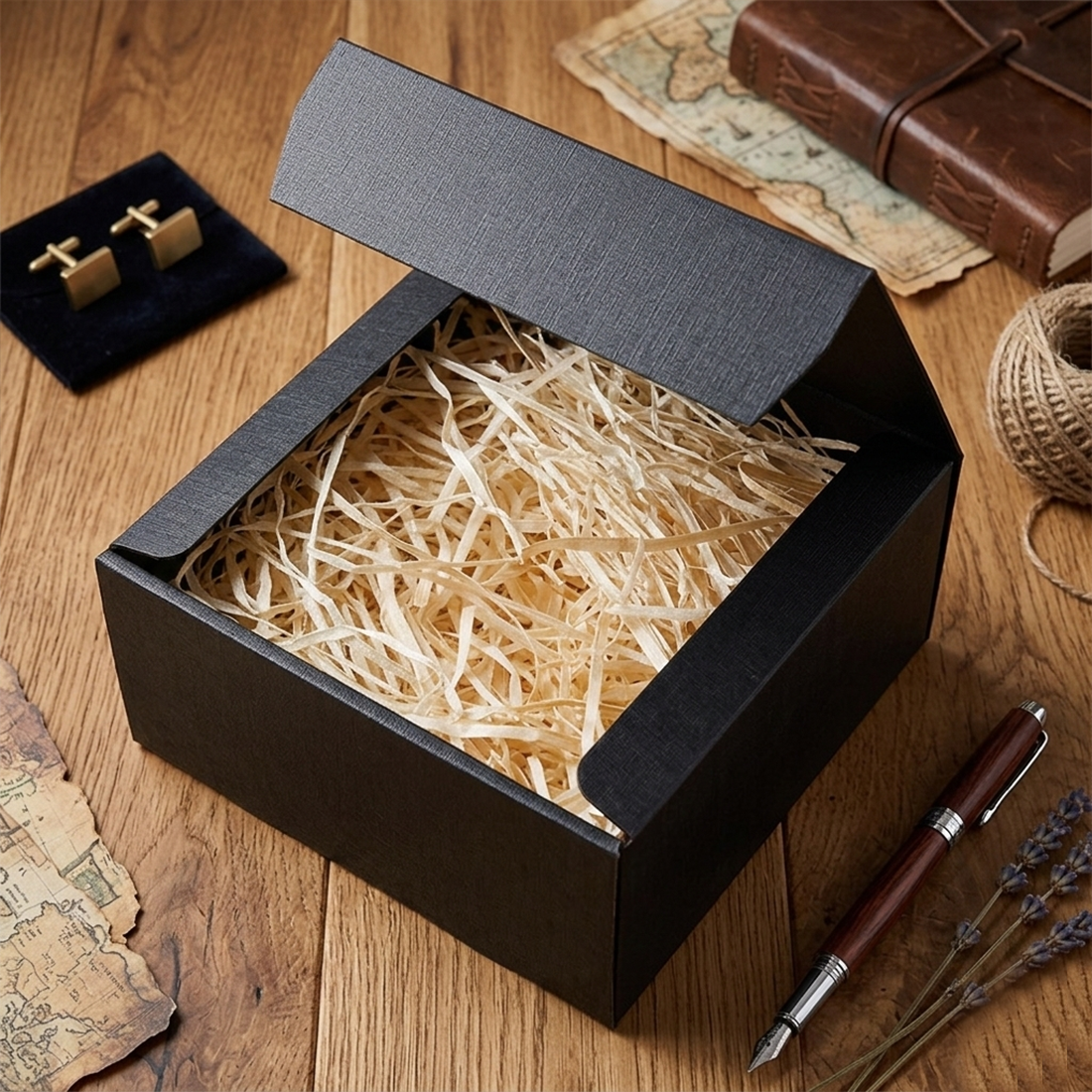 Premium-Präsentbox Schwarz mit Holzwolle (20x20x10 cm)