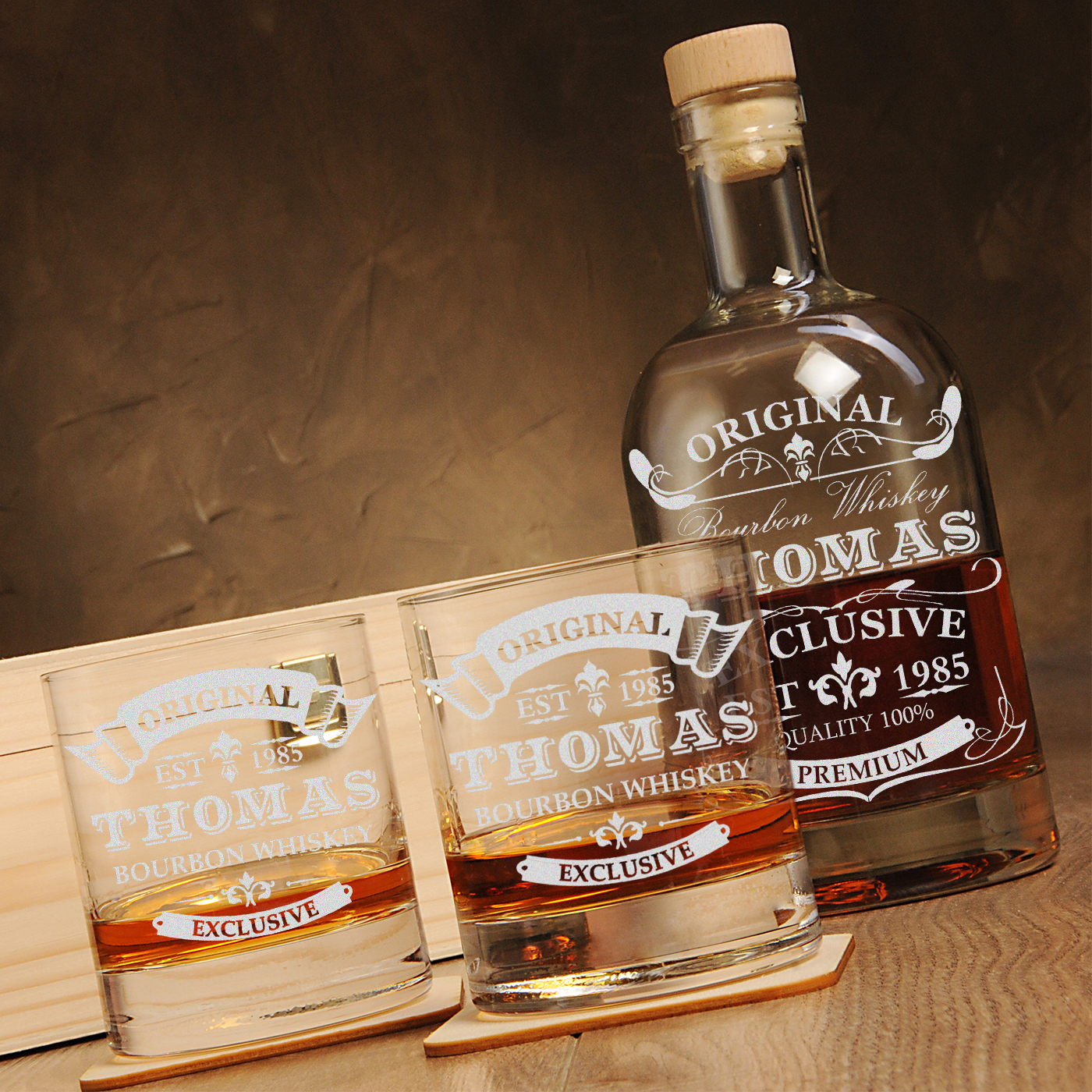 6-tlg Edles Whisky-Geschenkset Whiskygläser Holzkiste New York Bar mit Gravur