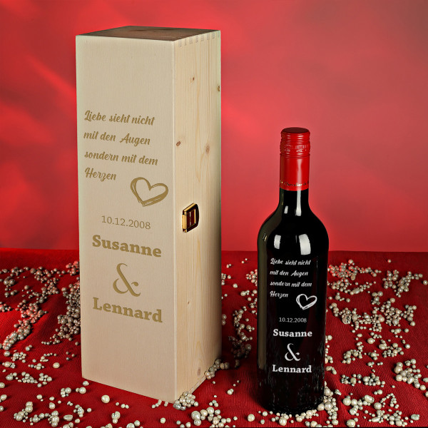 Personalisierte Holzkiste mit Weinflasche 2-TLG perfekt zur Hochzeit und Jahrestag