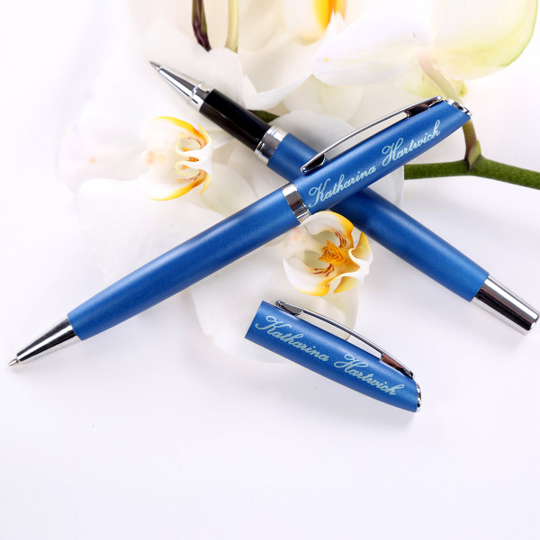 Personalisiertes Kugelschreiberset mit Wunschgravur in Blau