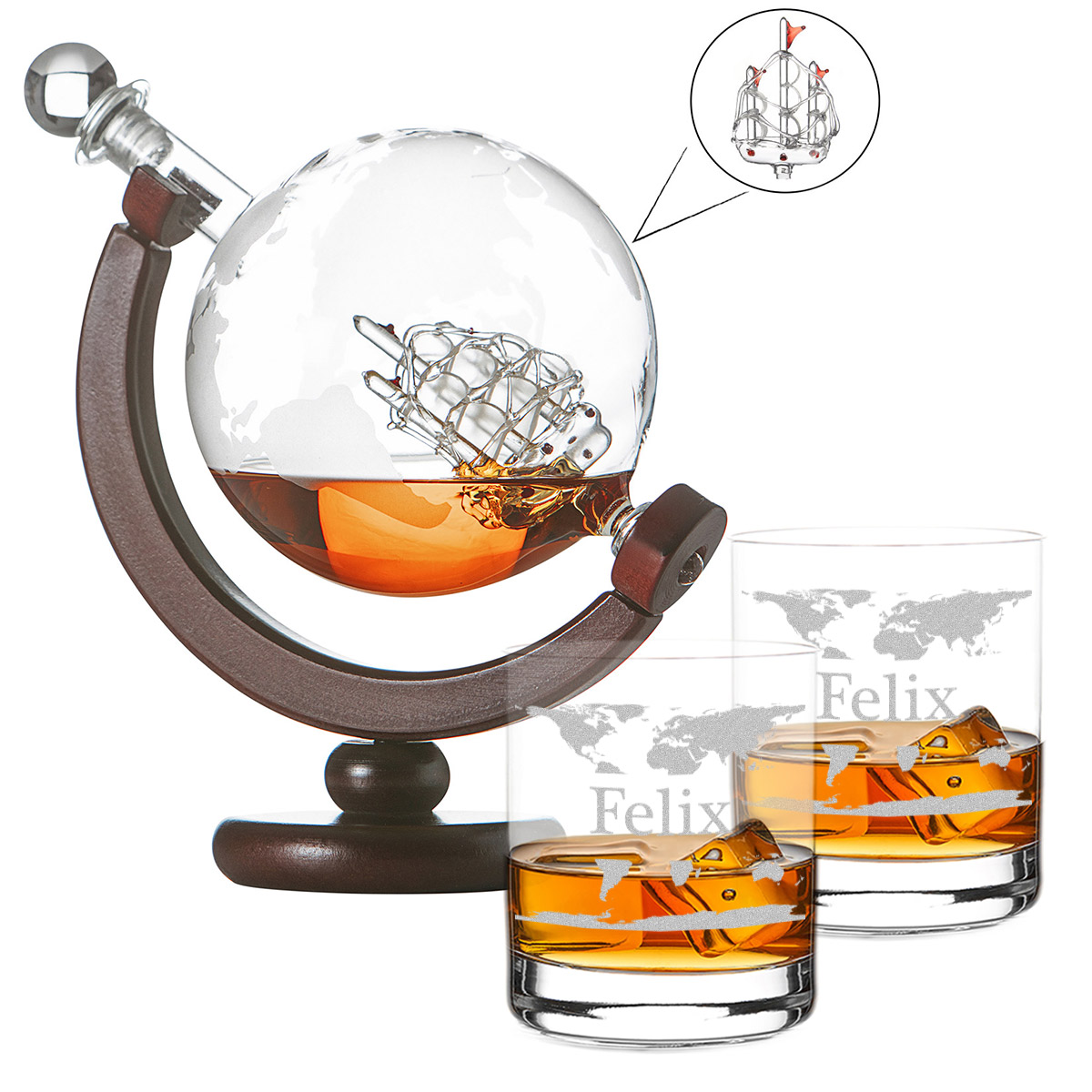 Whisky Dekanter Globus mit Schiff 40 Geburtstag Murrano Whisky Karaffe mit Gravur 4er Whiskygl/äser Set Personalisiert 850 ml