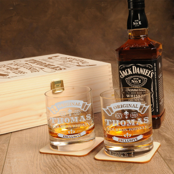 Holzkiste mit Jack Daniels No.7 6-tlg Gravur Whisky Geschenk Set inkl 