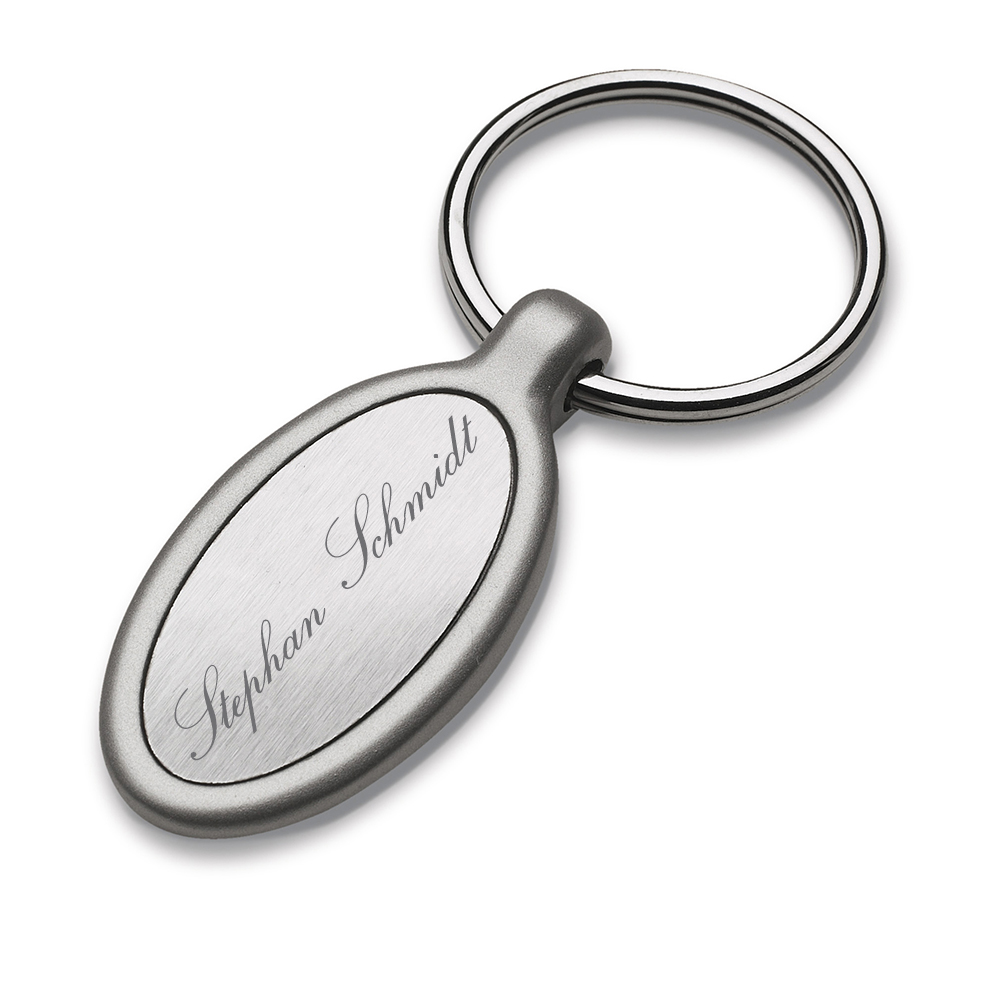 Gravur Schlüsselanhänger oval mit glänzend silberner Einlage aus Metall inkl 