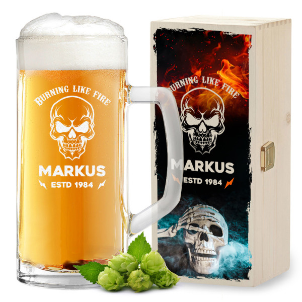 Bierkrug 0,5 Liter und Holzkiste mit UV-Druck - Geschenk-Set für Papa